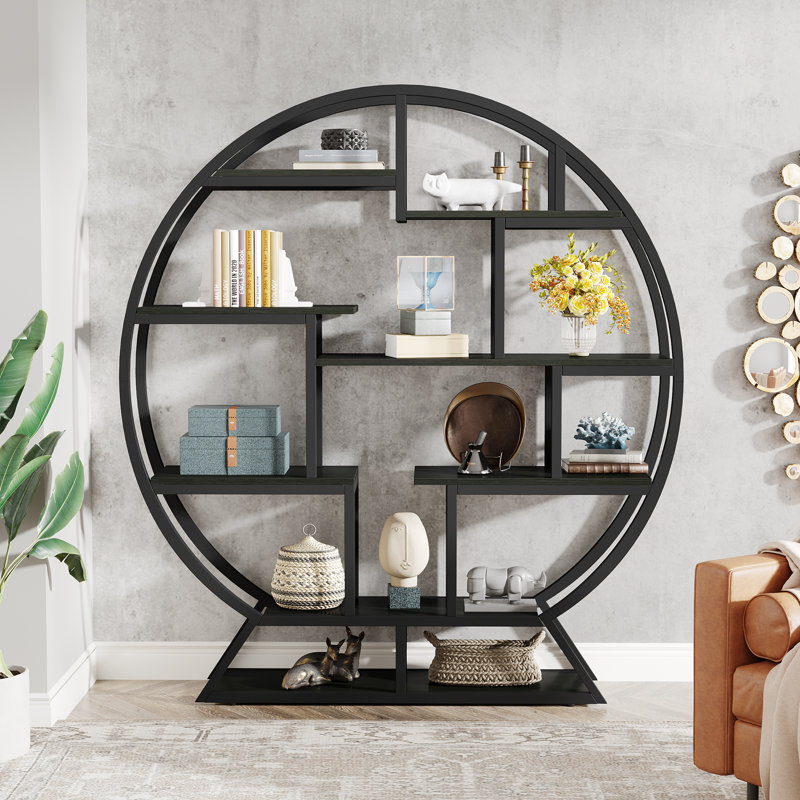 Latitude Run 63 Modern Bookshelf Round Bookshelves Etagere Bookcase Black Wood Book Shelf With Staggered Shelves Wayfair